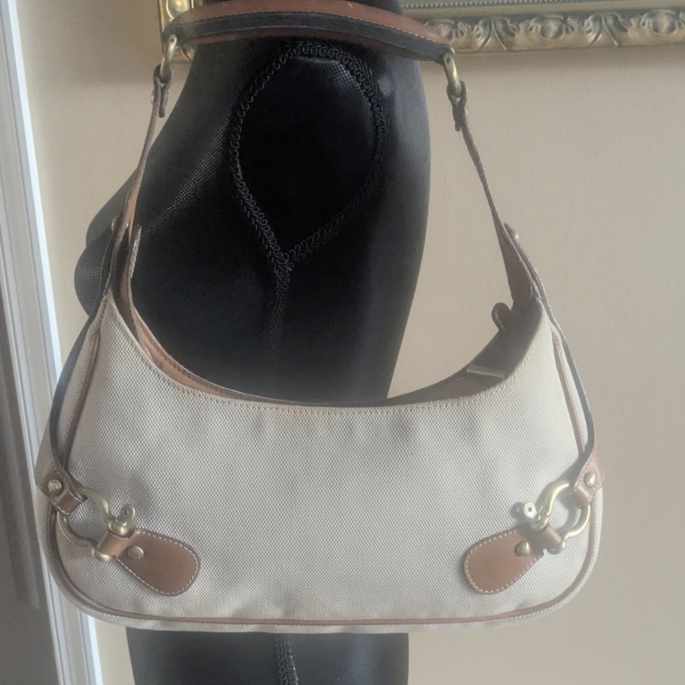 Burberry RARE Horse Bit Cream Canvas & Leather Top Handle Vintage Shoulder Bag - Picture 14 of 14